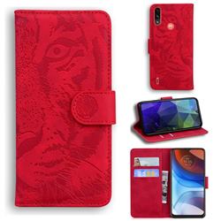 Intricate Embossing Tiger Face Leather Wallet Case for Motorola Moto E7 Power - Red