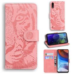 Intricate Embossing Tiger Face Leather Wallet Case for Motorola Moto E7 Power - Pink