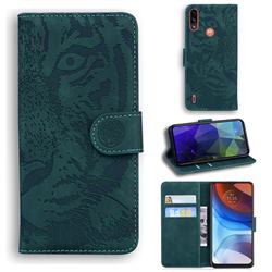Intricate Embossing Tiger Face Leather Wallet Case for Motorola Moto E7 Power - Green