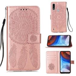 Embossing Dream Catcher Mandala Flower Leather Wallet Case for Motorola Moto E7 Power - Rose Gold