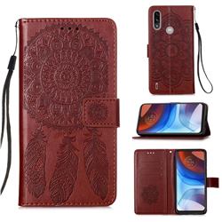 Embossing Dream Catcher Mandala Flower Leather Wallet Case for Motorola Moto E7 Power - Brown