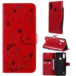 Embossing Bee and Cat Leather Wallet Case for Motorola Moto E7 Power - Red