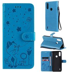 Embossing Bee and Cat Leather Wallet Case for Motorola Moto E7 Power - Blue