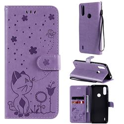 Embossing Bee and Cat Leather Wallet Case for Motorola Moto E7 Power - Purple
