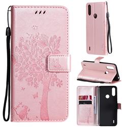 Embossing Butterfly Tree Leather Wallet Case for Motorola Moto E7 Power - Rose Pink