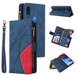 Luxury Two-color Stitching Multi-function Zipper Leather Wallet Case Cover for Motorola Moto E7 Power - Blue