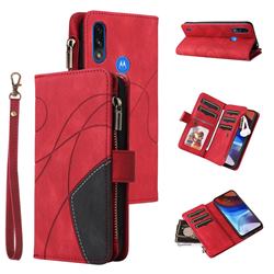 Luxury Two-color Stitching Multi-function Zipper Leather Wallet Case Cover for Motorola Moto E7 Power - Red