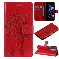 Embossing Butterfly Tree Leather Wallet Case for Motorola Edge 20 Pro - Red