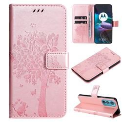 Embossing Butterfly Tree Leather Wallet Case for Motorola Edge 30 - Rose Pink