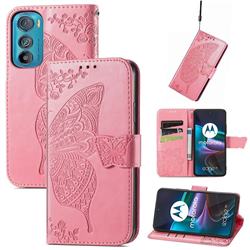 Embossing Mandala Flower Butterfly Leather Wallet Case for Motorola Edge 30 - Pink