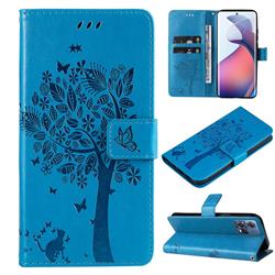 Embossing Butterfly Tree Leather Wallet Case for Motorola Edge 30 Fusion - Blue