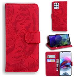 Intricate Embossing Tiger Face Leather Wallet Case for Motorola Edge S - Red
