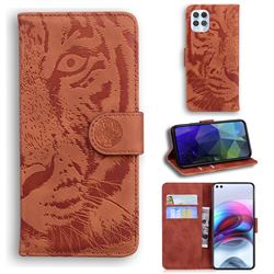 Intricate Embossing Tiger Face Leather Wallet Case for Motorola Edge S - Brown