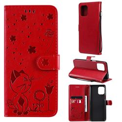 Embossing Bee and Cat Leather Wallet Case for Motorola Edge S - Red
