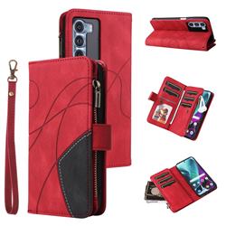 Luxury Two-color Stitching Multi-function Zipper Leather Wallet Case Cover for Motorola Edge S30 - Red