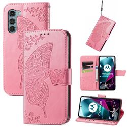 Embossing Mandala Flower Butterfly Leather Wallet Case for Motorola Moto G200 5G - Pink