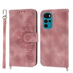 Skin Feel Embossed Lace Flower Multiple Card Slots Leather Wallet Phone Case for Motorola Moto G22 - Pink