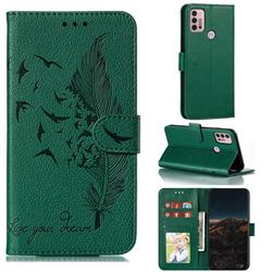 Intricate Embossing Lychee Feather Bird Leather Wallet Case for Motorola Moto G30 - Green