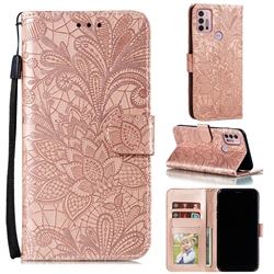 Intricate Embossing Lace Jasmine Flower Leather Wallet Case for Motorola Moto G30 - Rose Gold