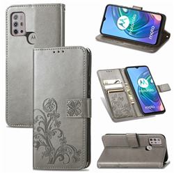 Embossing Imprint Four-Leaf Clover Leather Wallet Case for Motorola Moto G30 - Grey