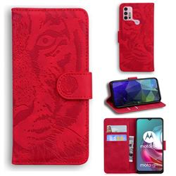 Intricate Embossing Tiger Face Leather Wallet Case for Motorola Moto G30 - Red