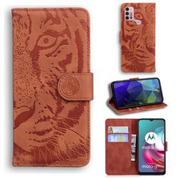 Intricate Embossing Tiger Face Leather Wallet Case for Motorola Moto G30 - Brown