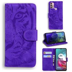 Intricate Embossing Tiger Face Leather Wallet Case for Motorola Moto G30 - Purple