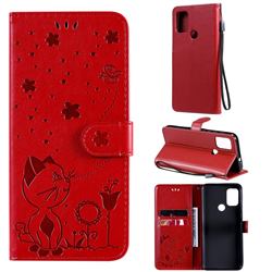 Embossing Bee and Cat Leather Wallet Case for Motorola Moto G30 - Red