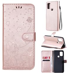 Embossing Bee and Cat Leather Wallet Case for Motorola Moto G30 - Rose Gold