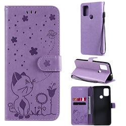 Embossing Bee and Cat Leather Wallet Case for Motorola Moto G30 - Purple