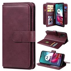 Multi-function Ten Card Slots and Photo Frame PU Leather Wallet Phone Case Cover for Motorola Moto G30 - Claret