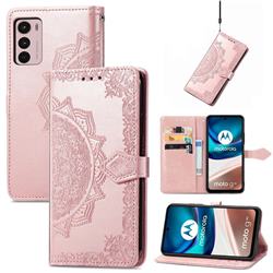 Embossing Imprint Mandala Flower Leather Wallet Case for Motorola Moto G42 - Rose Gold