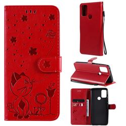 Embossing Bee and Cat Leather Wallet Case for Motorola Moto G50 - Red