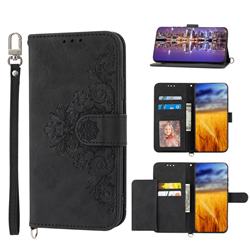Skin Feel Embossed Lace Flower Multiple Card Slots Leather Wallet Phone Case for Motorola Moto G52 - Black