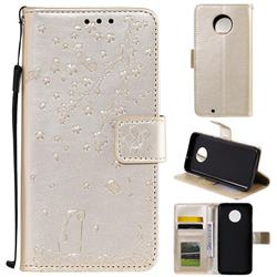 Embossing Cherry Blossom Cat Leather Wallet Case for Motorola Moto G6 - Golden