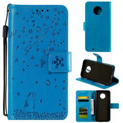 Embossing Cherry Blossom Cat Leather Wallet Case for Motorola Moto G6 - Blue