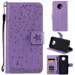 Embossing Cherry Blossom Cat Leather Wallet Case for Motorola Moto G6 - Purple