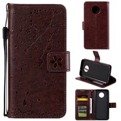 Embossing Cherry Blossom Cat Leather Wallet Case for Motorola Moto G6 - Brown