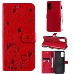 Embossing Bee and Cat Leather Wallet Case for Motorola Moto G60 - Red