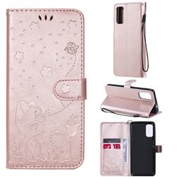Embossing Bee and Cat Leather Wallet Case for Motorola Moto G60 - Rose Gold