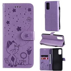 Embossing Bee and Cat Leather Wallet Case for Motorola Moto G60 - Purple