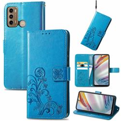 Embossing Imprint Four-Leaf Clover Leather Wallet Case for Motorola Moto G60 - Blue