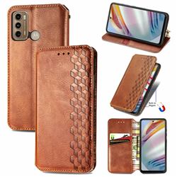 Ultra Slim Fashion Business Card Magnetic Automatic Suction Leather Flip Cover for Motorola Moto G60 - Brown