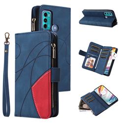 Luxury Two-color Stitching Multi-function Zipper Leather Wallet Case Cover for Motorola Moto G60 - Blue