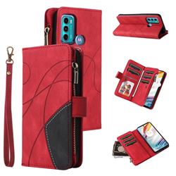 Luxury Two-color Stitching Multi-function Zipper Leather Wallet Case Cover for Motorola Moto G60 - Red
