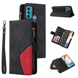 Luxury Two-color Stitching Multi-function Zipper Leather Wallet Case Cover for Motorola Moto G60 - Black