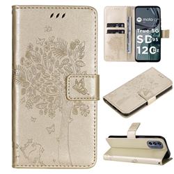 Embossing Butterfly Tree Leather Wallet Case for Motorola Moto G62 5G - Champagne