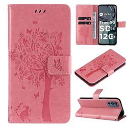 Embossing Butterfly Tree Leather Wallet Case for Motorola Moto G62 5G - Pink
