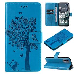 Embossing Butterfly Tree Leather Wallet Case for Motorola Moto G62 5G - Blue