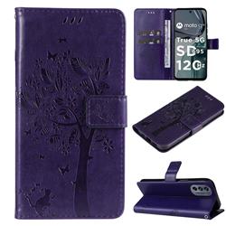 Embossing Butterfly Tree Leather Wallet Case for Motorola Moto G62 5G - Purple